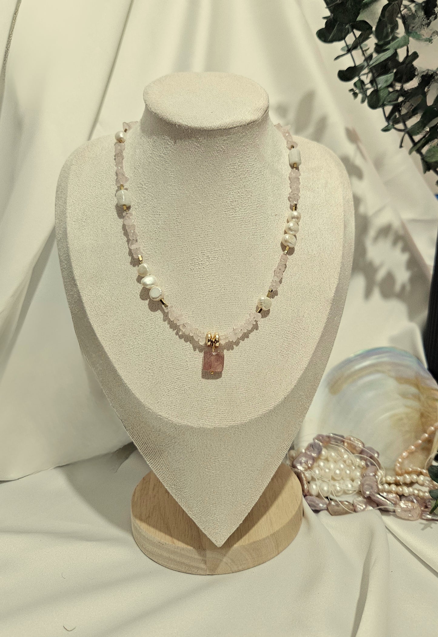 Çilek-Pembe Kuvars İnci Kolye 45 cm