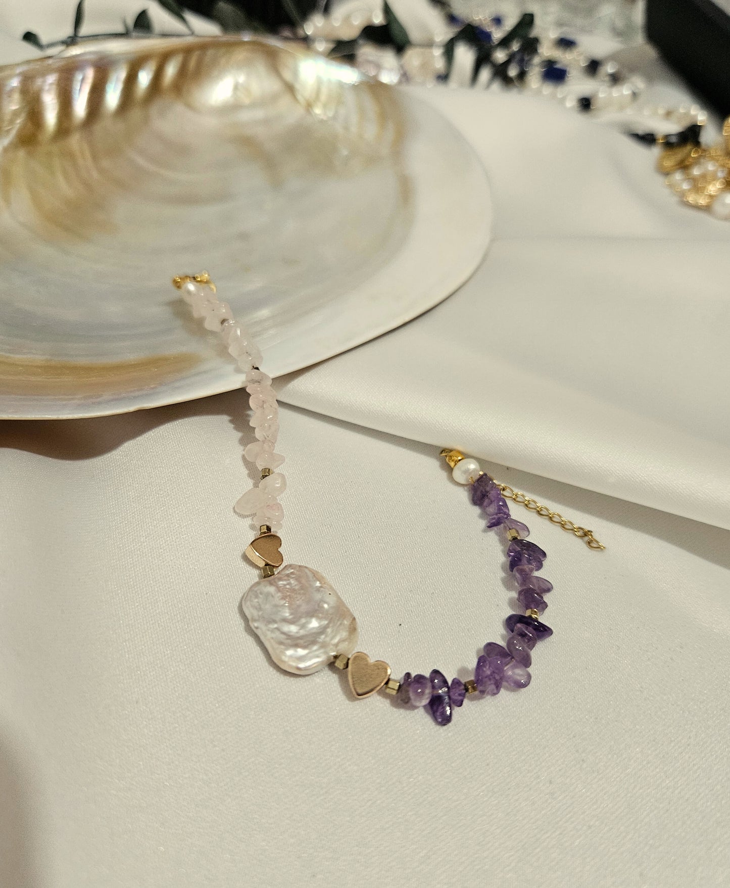 Kırık Pembe Kuvars Ametist Barok İnci Bileklik 18 cm