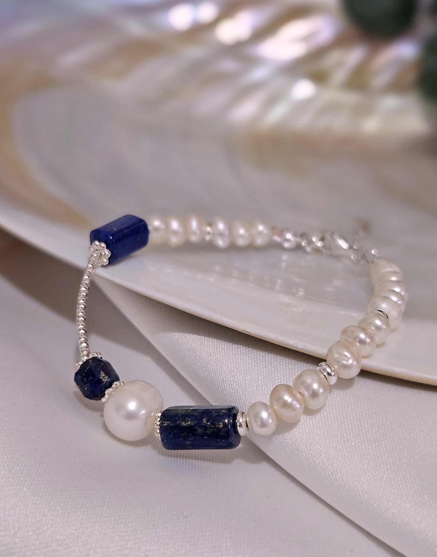Lapis Lazuli İnci Gümüş Bileklik