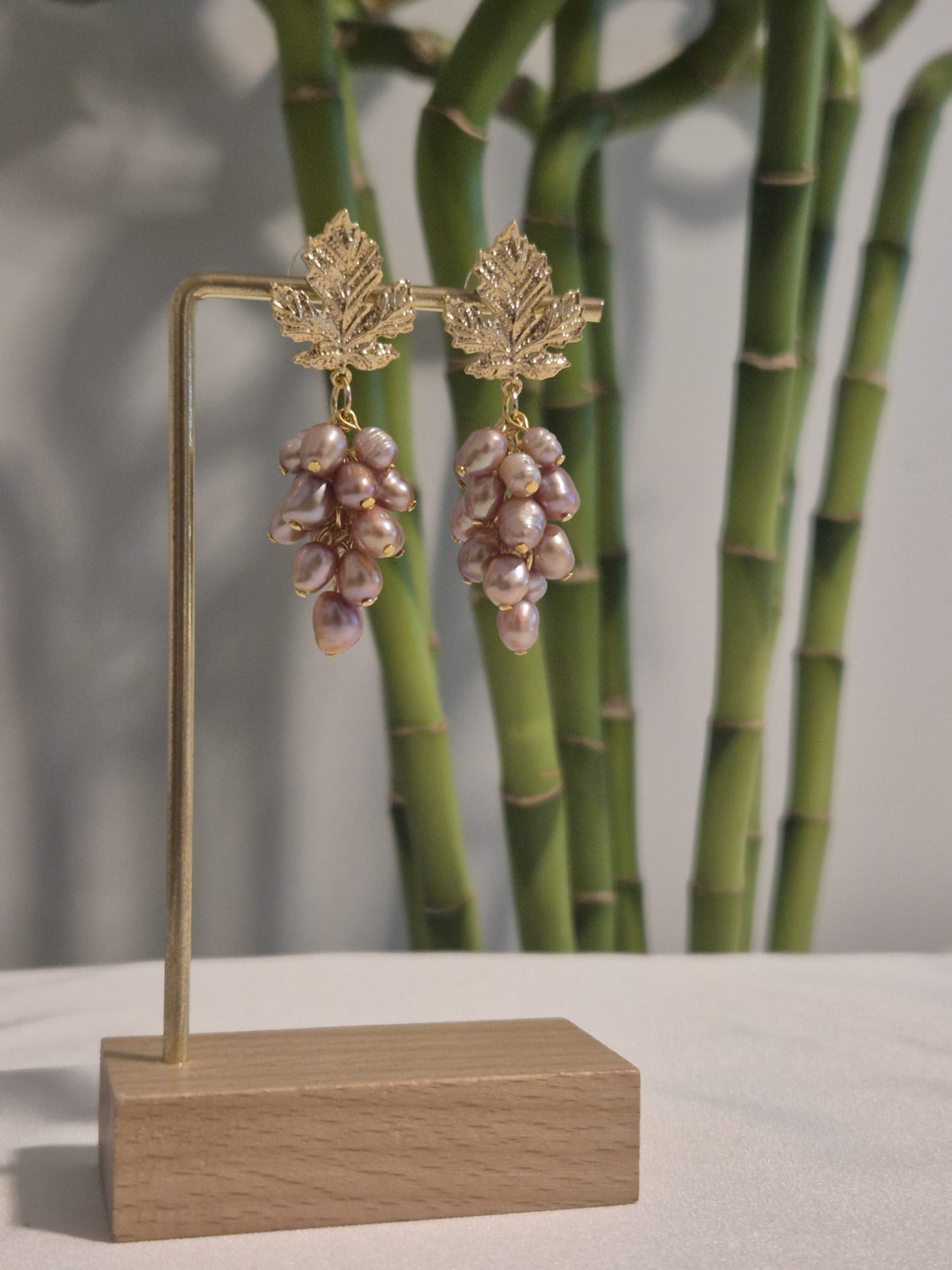 Mor Salkım Yaprak Doğal İnci Küpe