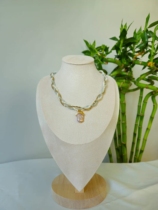 Elysia Aqua Kolye ( Gerçek inci akuamarin ve hematit taşlı)