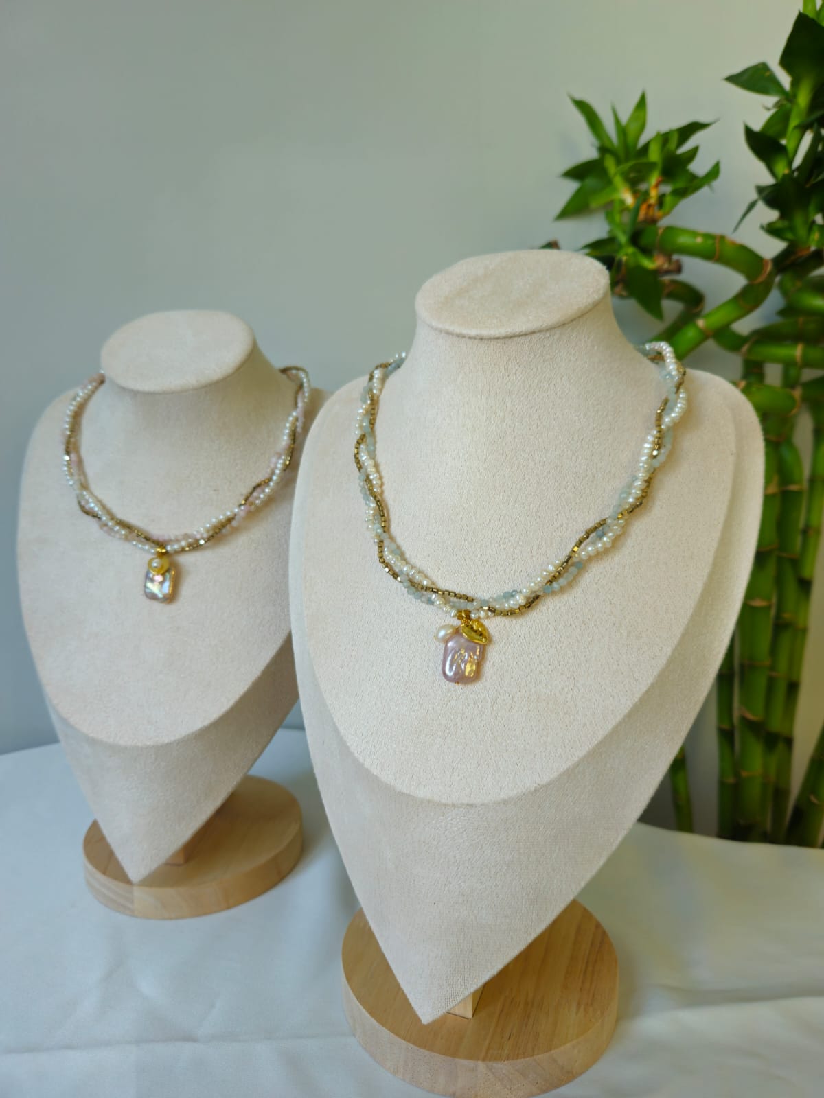 Elysia Aqua Kolye ( Gerçek inci akuamarin ve hematit taşlı)