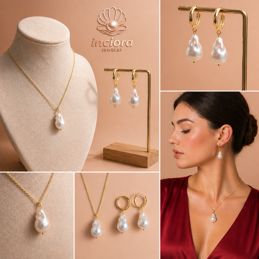 DOĞAL GERÇEK BAROK İNCİ 925 ayar GÜMÜŞ SET (Kolye ve Küpe)