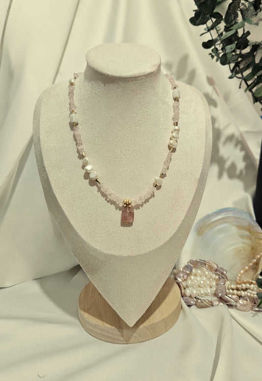 Çilek-Pembe Kuvars  İnci Kolye 45 cm