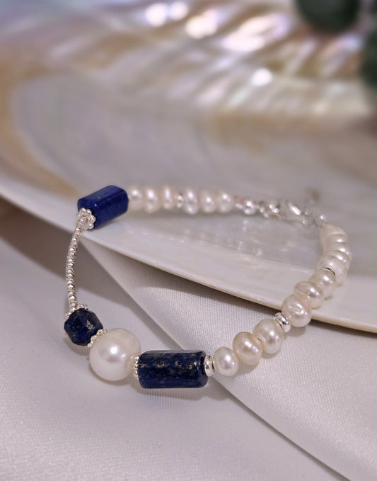 Lapis Lazuli İnci Gümüş Bileklik