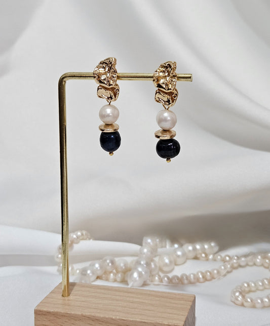 Mavi-Gri Beyaz İncili Küpe 18k Altın Kaplama