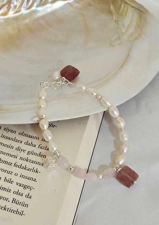 Çilek-Gül Kuvars İnci Gümüş Bileklik