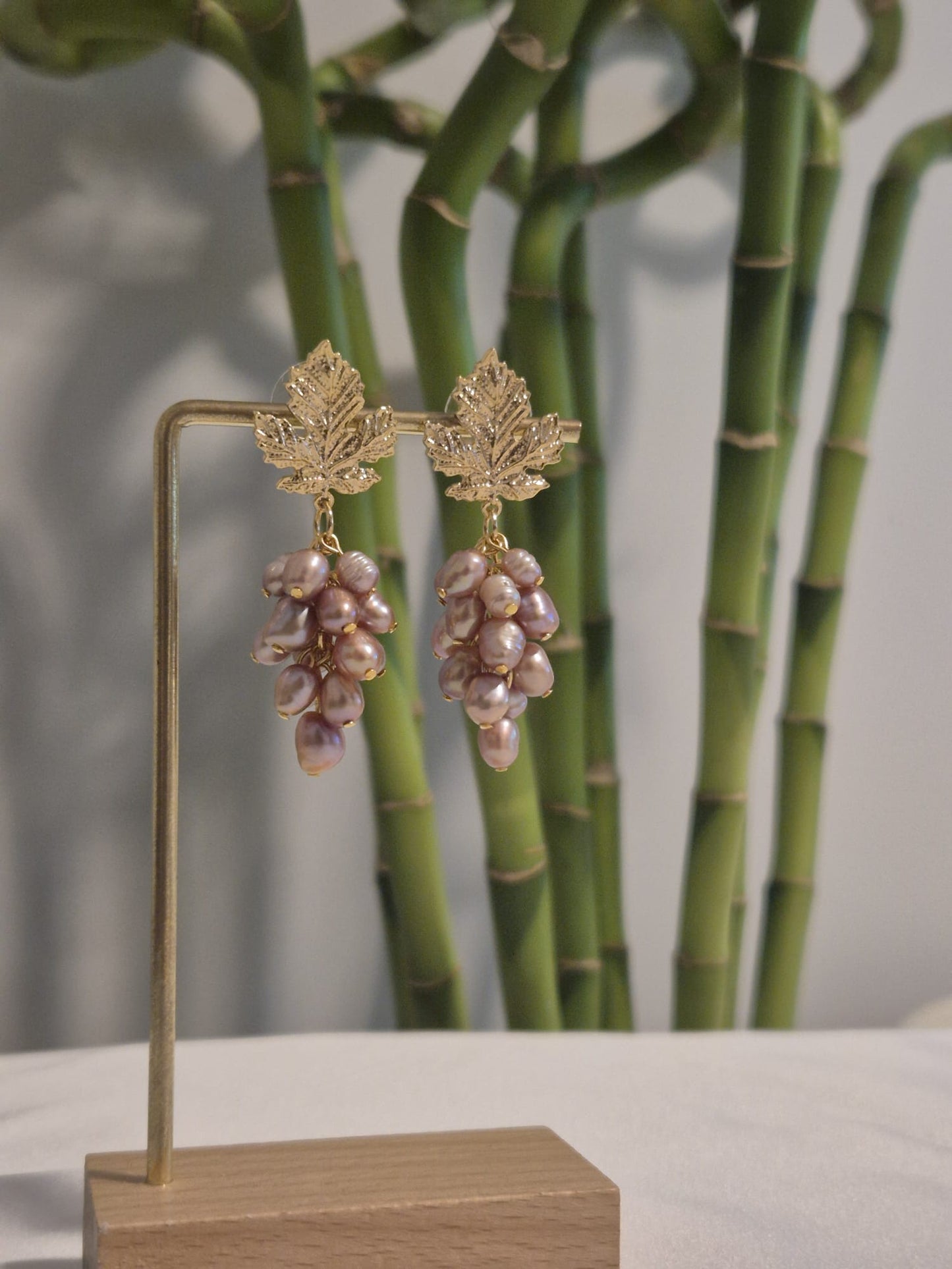 Mor Salkım Yaprak Doğal İnci Küpe