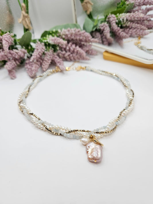 Elysia Aqua Kolye ( Gerçek inci akuamarin ve hematit taşlı)